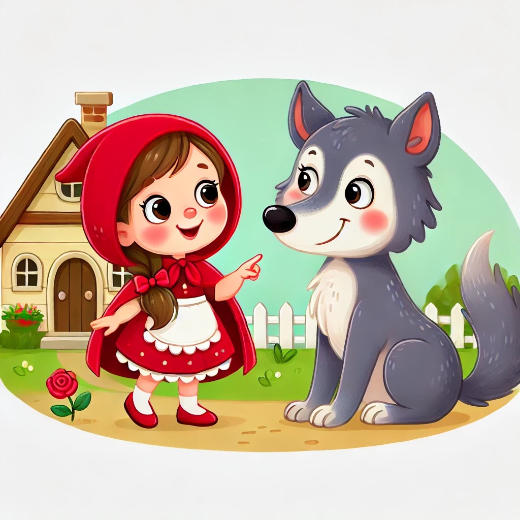 El lobo llega a la casa de la abuelita
El lobo corre rápidamente hacia la casa de la abuelita, que es una pequeña cabaña acogedora en el bosque. La abuelita, que está en la ventana, se sorprende al ver al lobo. Se puede ver la tensión en la escena, justo antes de que el lobo entre.