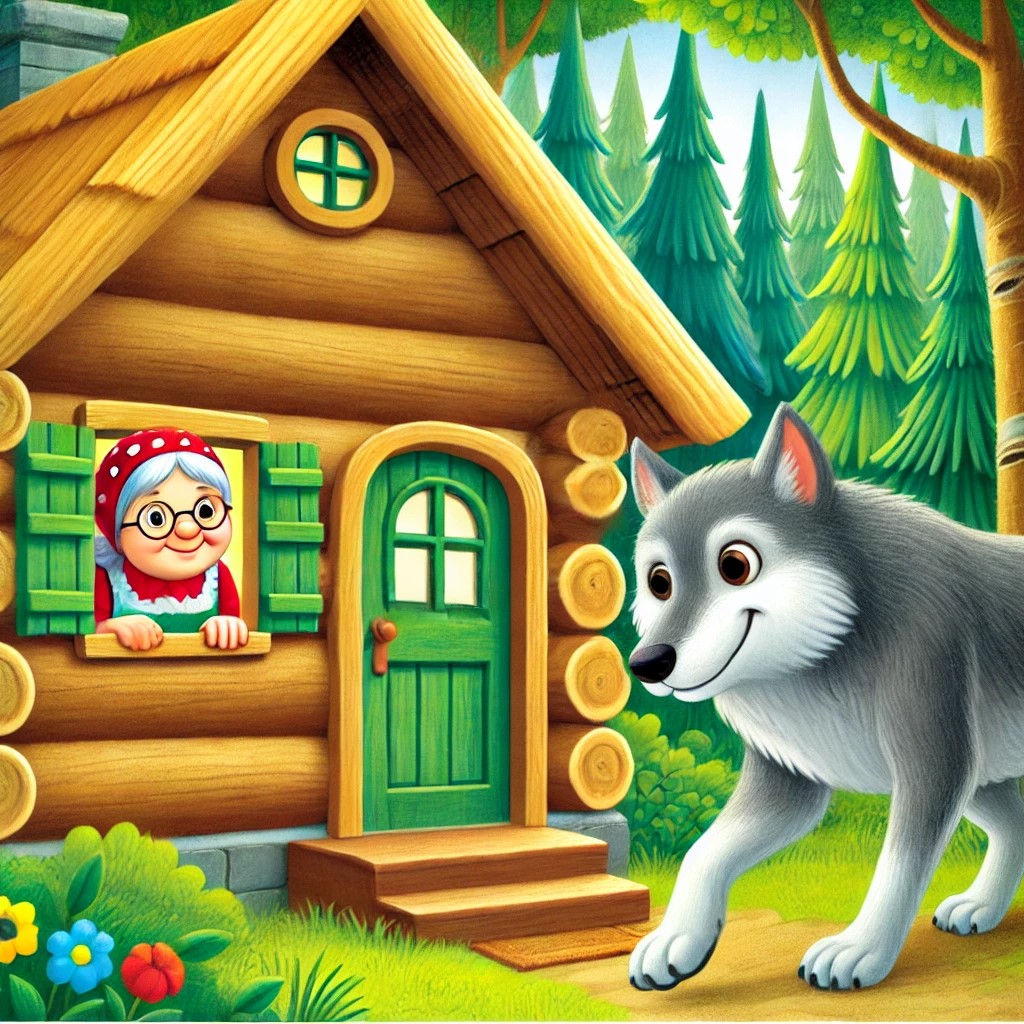 El lobo llega a la casa de la abuelita
El lobo corre rápidamente hacia la casa de la abuelita, que es una pequeña cabaña acogedora en el bosque. La abuelita, que está en la ventana, se sorprende al ver al lobo. Se puede ver la tensión en la escena, justo antes de que el lobo entre.