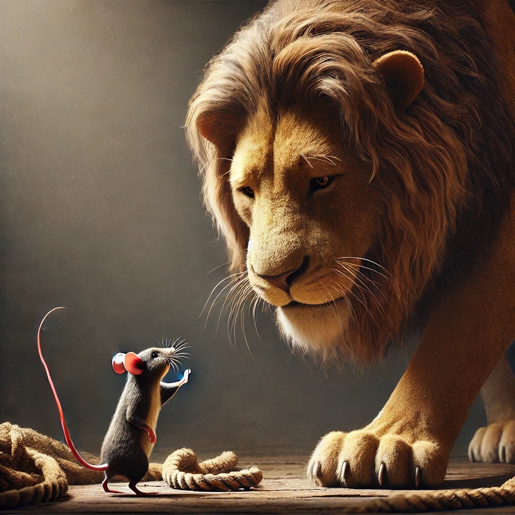 Séptima Imagen:
Escenario: Rafik finalmente libre.
Descripción: El león se pone de pie, con la red rota a su alrededor, y mira a Tino con gratitud. Se ve un momento de conexión entre los dos, mostrando la sorpresa y admiración del león hacia el pequeño ratón.