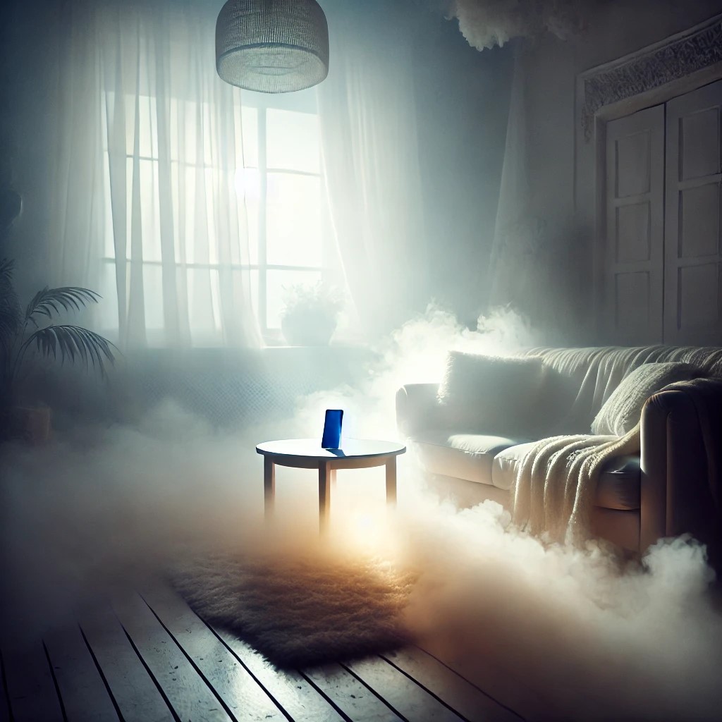 Neblina dentro de la casa

Una sala de estar envuelta en una suave neblina que cubre parcialmente los muebles, creando una atmósfera densa y misteriosa. La luz es tenue, sugiriendo incertidumbre y una sensación de estar atrapado. Un teléfono móvil yace sobre una mesa, iluminada por la pantalla con un tono inquietante.