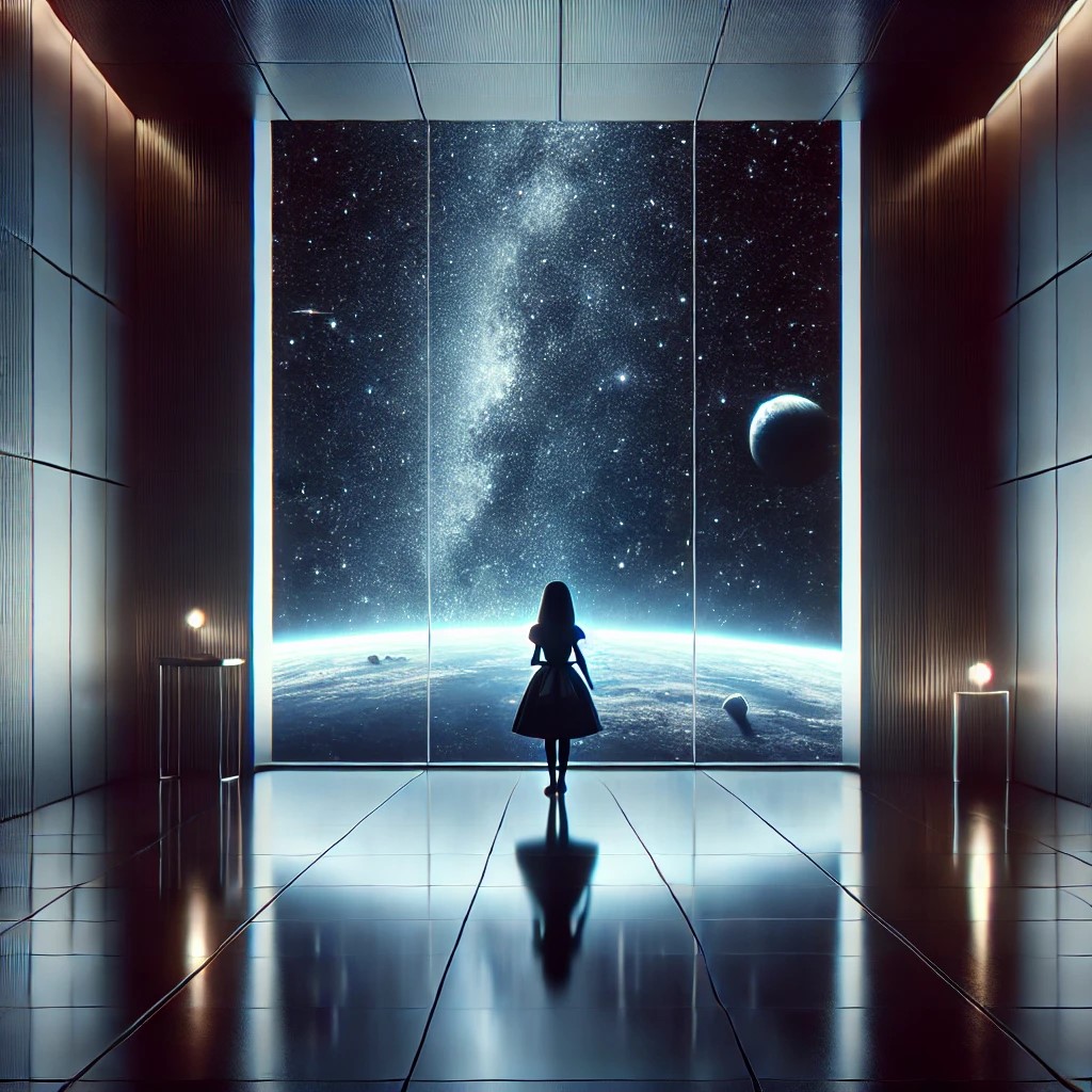 Alice en la oscuridad del espacio:
Alice mirando por una ventana enorme que da al vacío espacial, la inmensidad oscura llena de estrellas. El contraste entre su pequeña figura y el infinito del cosmos puede transmitir su sensación de pérdida y aislamiento. Se pueden ver reflejos de su rostro en el cristal, con lágrimas o una expresión de resignación pacífica.
