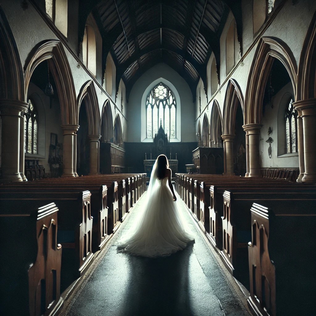 a boda en la iglesia, el altar vacío.

Descripción: La novia camina por el pasillo de una iglesia oscura y vacía, su vestido de novia blanco contrasta con el entorno sombrío. Aunque el altar debería estar lleno de personas, nadie está presente, ni siquiera el novio. Sin embargo, se siente una presencia inquietante, algo invisible y fantasmagórico parece estar junto a ella. La atmósfera es surrealista, con sombras largas y una sensación de desasosiego.